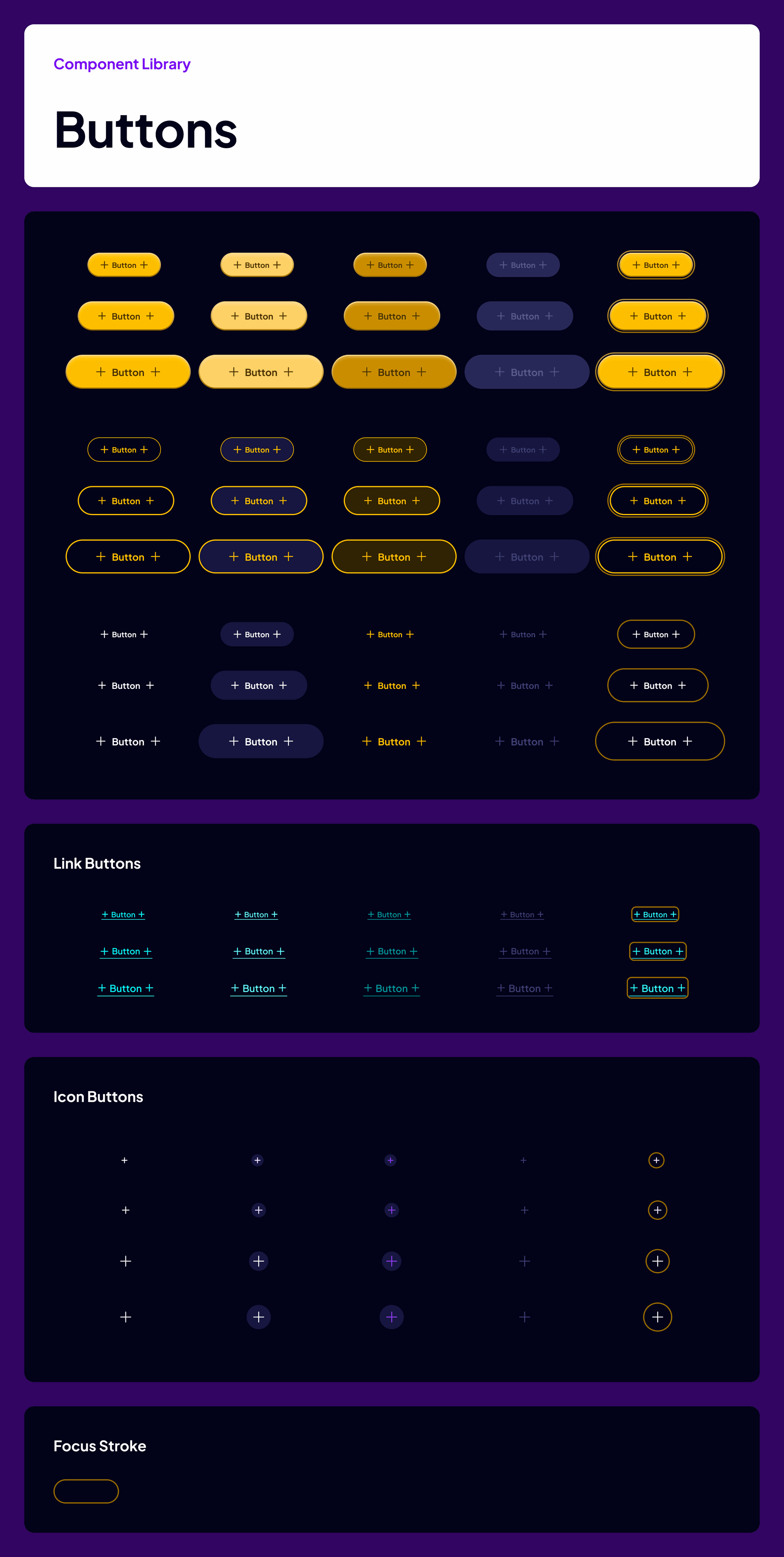 The button set: three types at three sizes with five states, plus link, icon and focus stroke