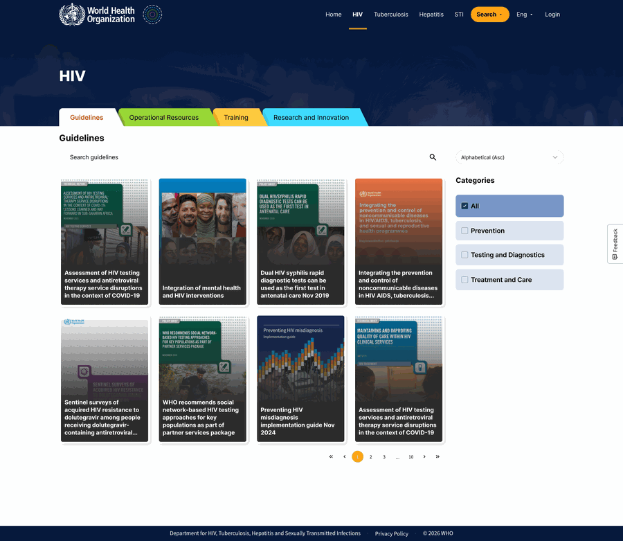 The HIV section: four tabs and three plain categories