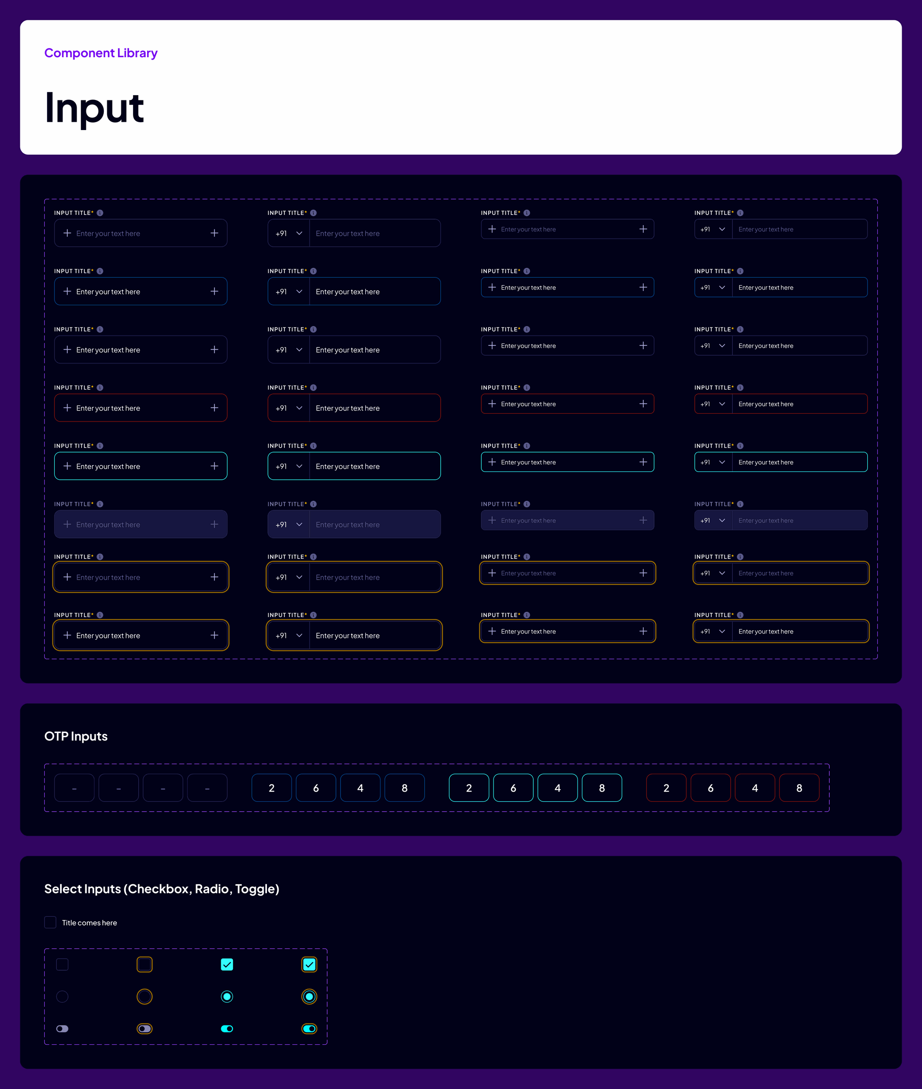 The input set: four variants across eight states, plus OTP fields and selection controls