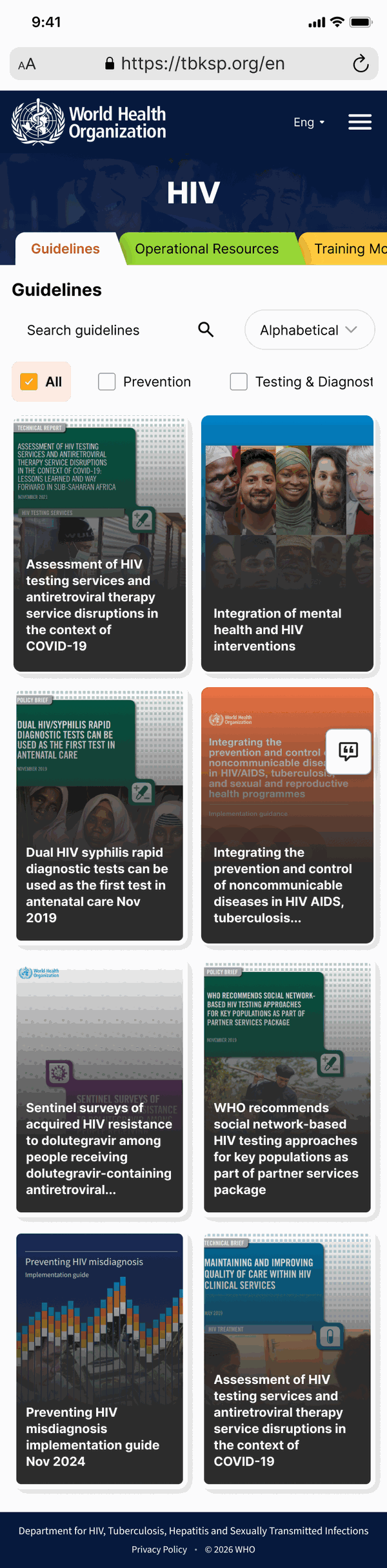 The HIV section on a phone, with four tabs and plain category chips