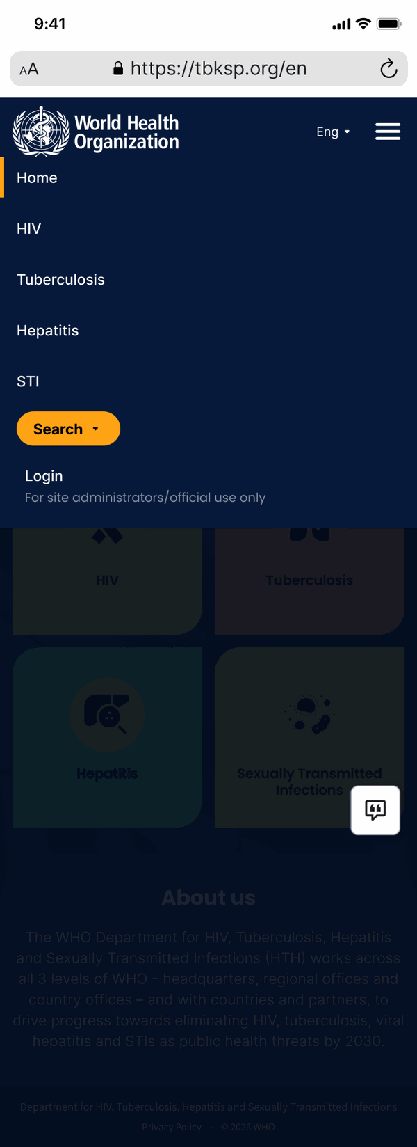 The site menu open on a phone, showing the four disease sections and the admin login