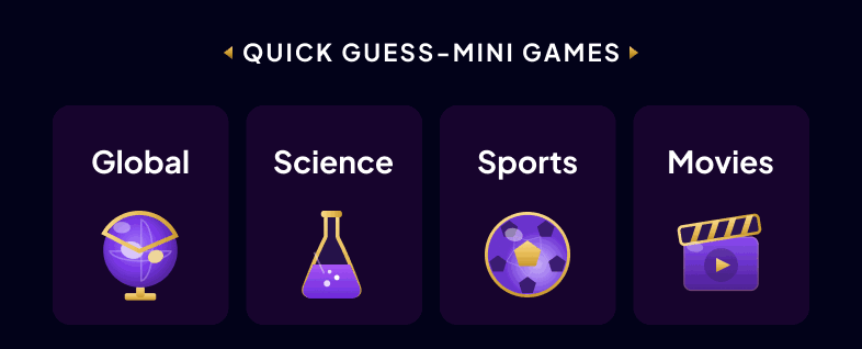 The Quick Guess mini game categories: global, science, sports and movies