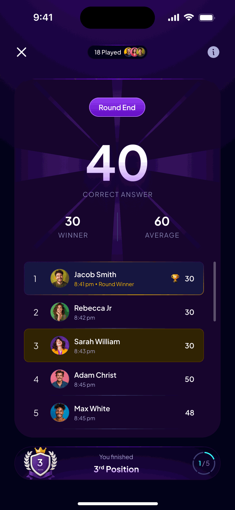 Round end, correct answer and leaderboard